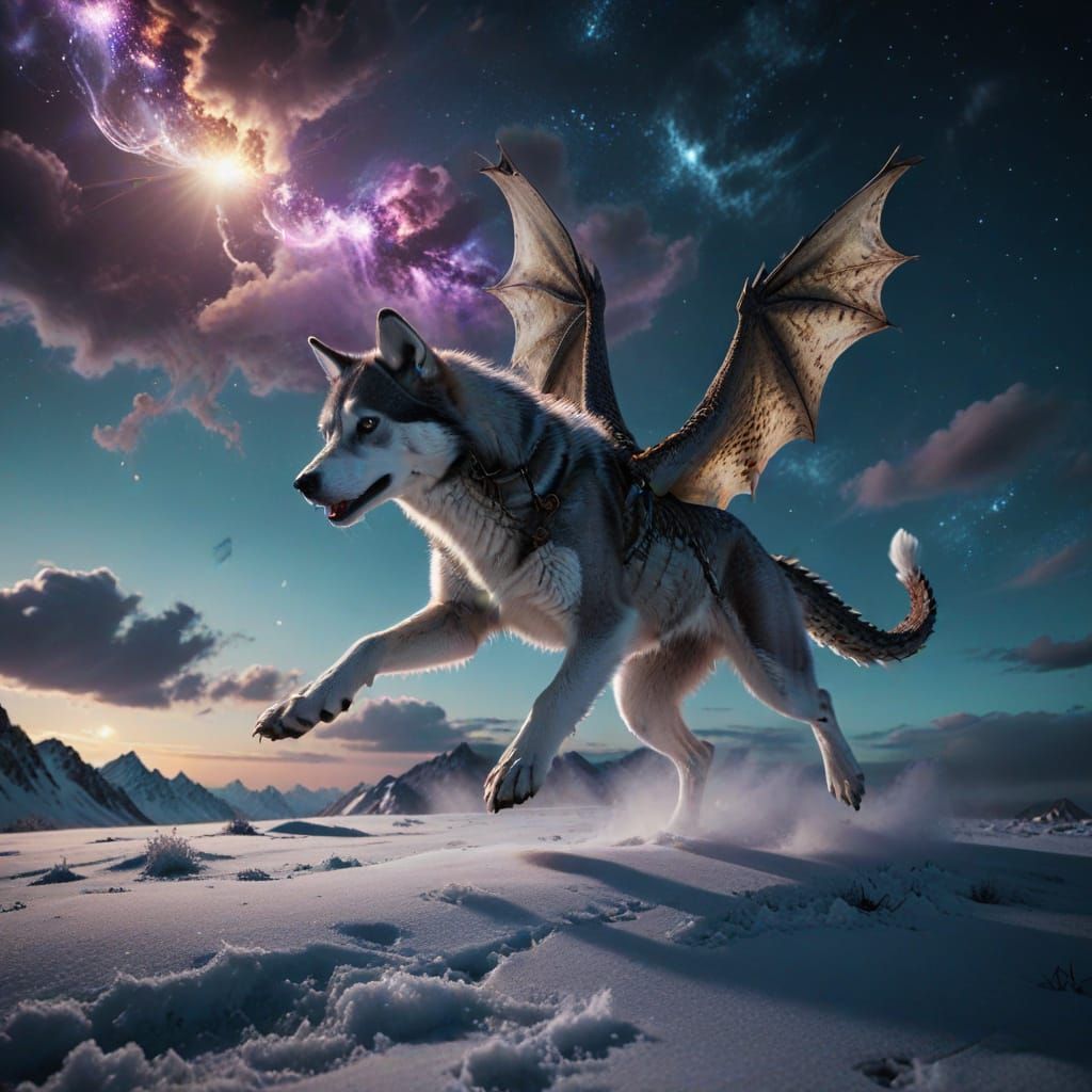 Epic Cinematic Scene: Husky and Dragon Soar Through Icy Wint...