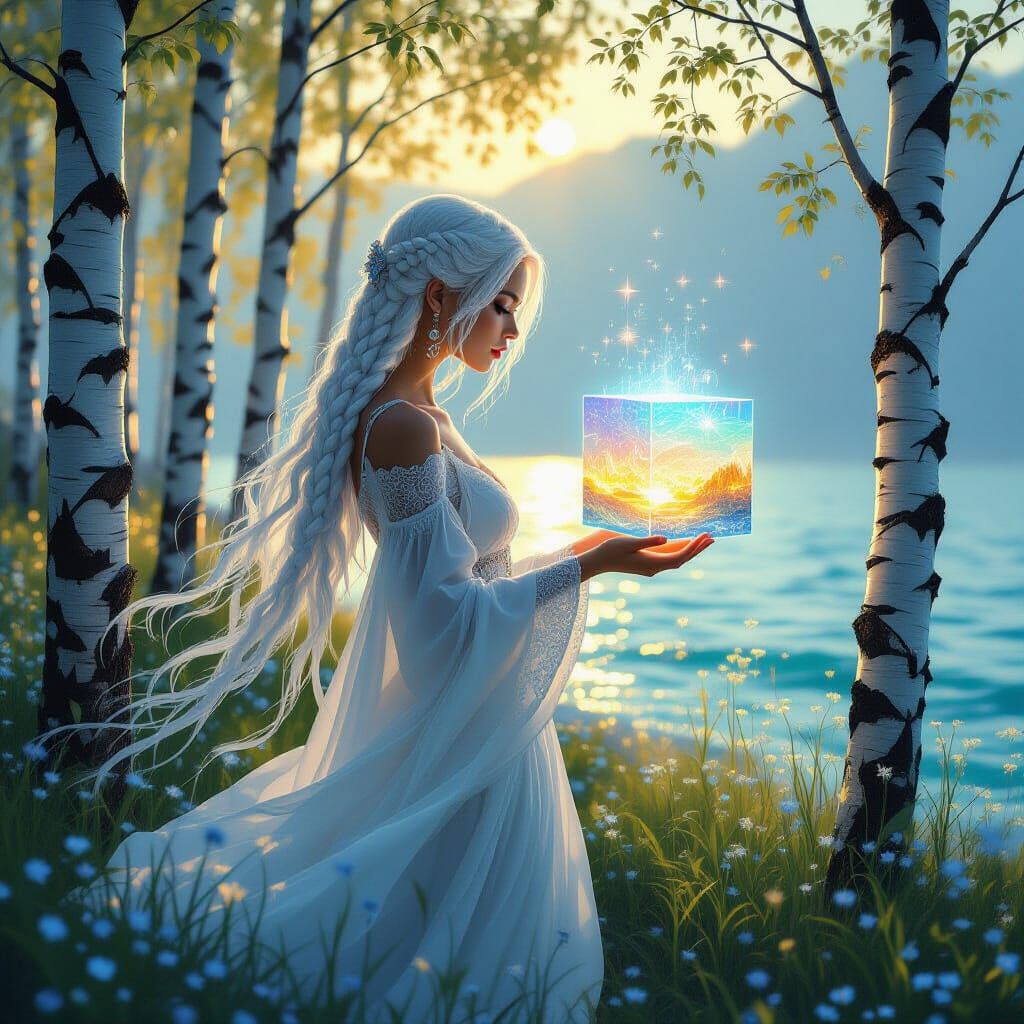 Surreal Woman with Holographic Cube on Azure Coast