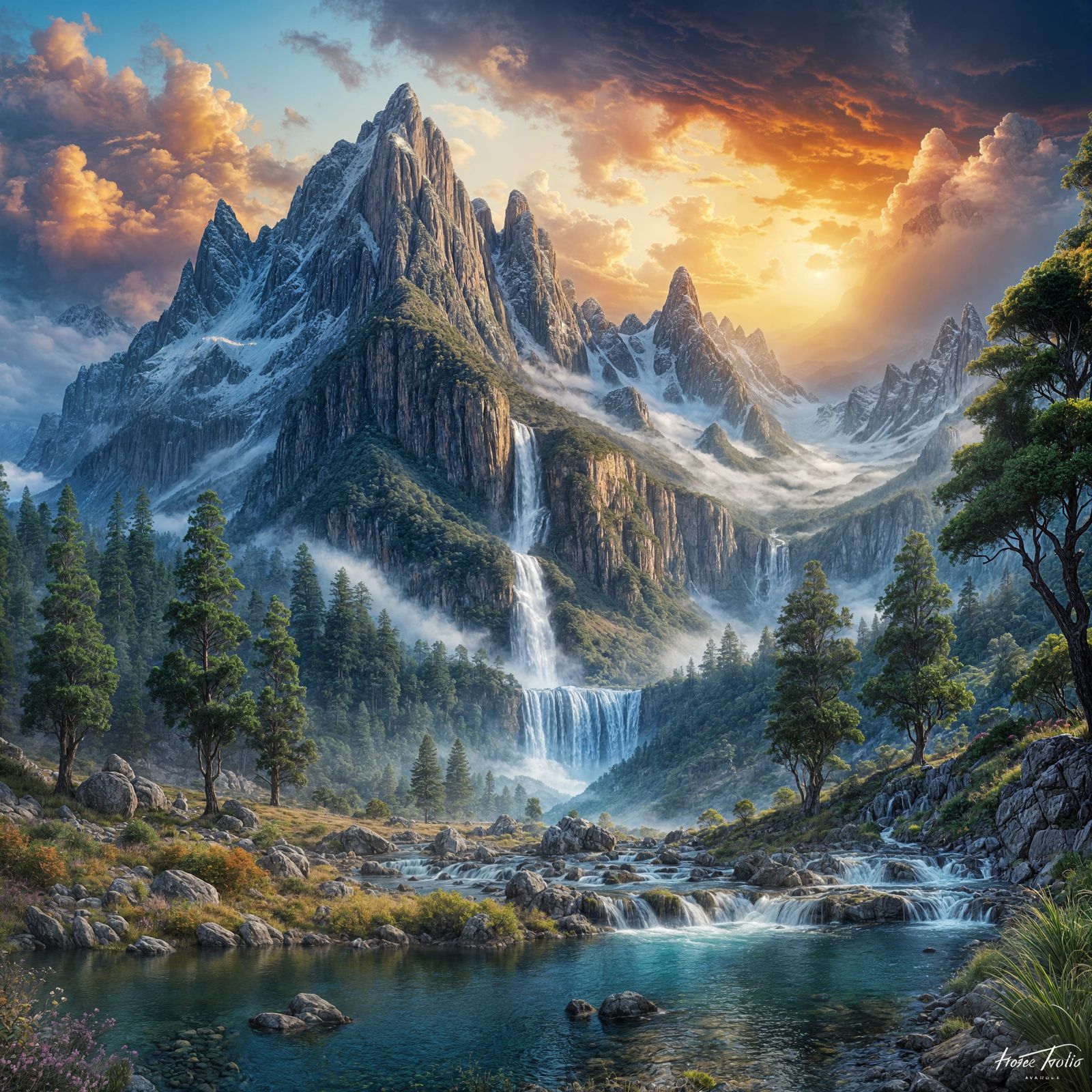 Misty Mountain Sunrise Waterfall in Airbrush Art