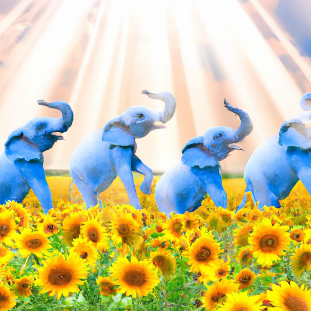 Blue Elephants in Sunflower Field Under Divine Light