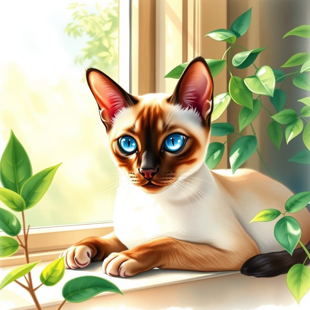 Sleek Siamese Cat in Warm Watercolor Style