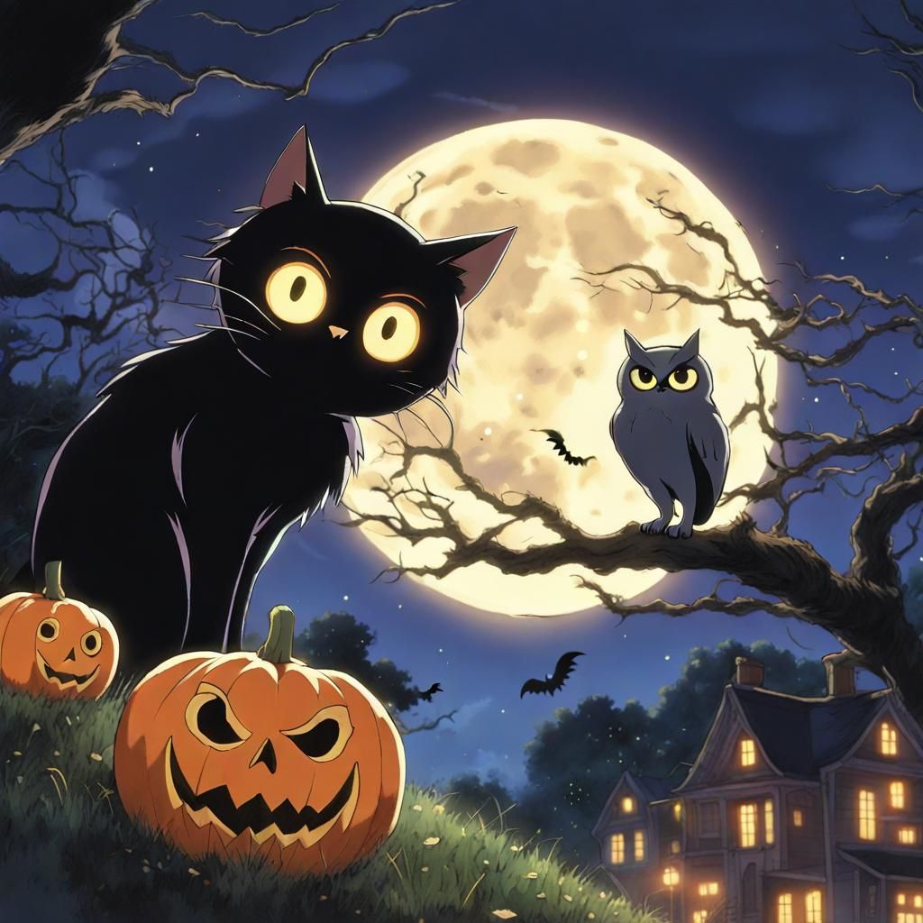 Black Cat and Owl Halloween, Studio Ghibli Style