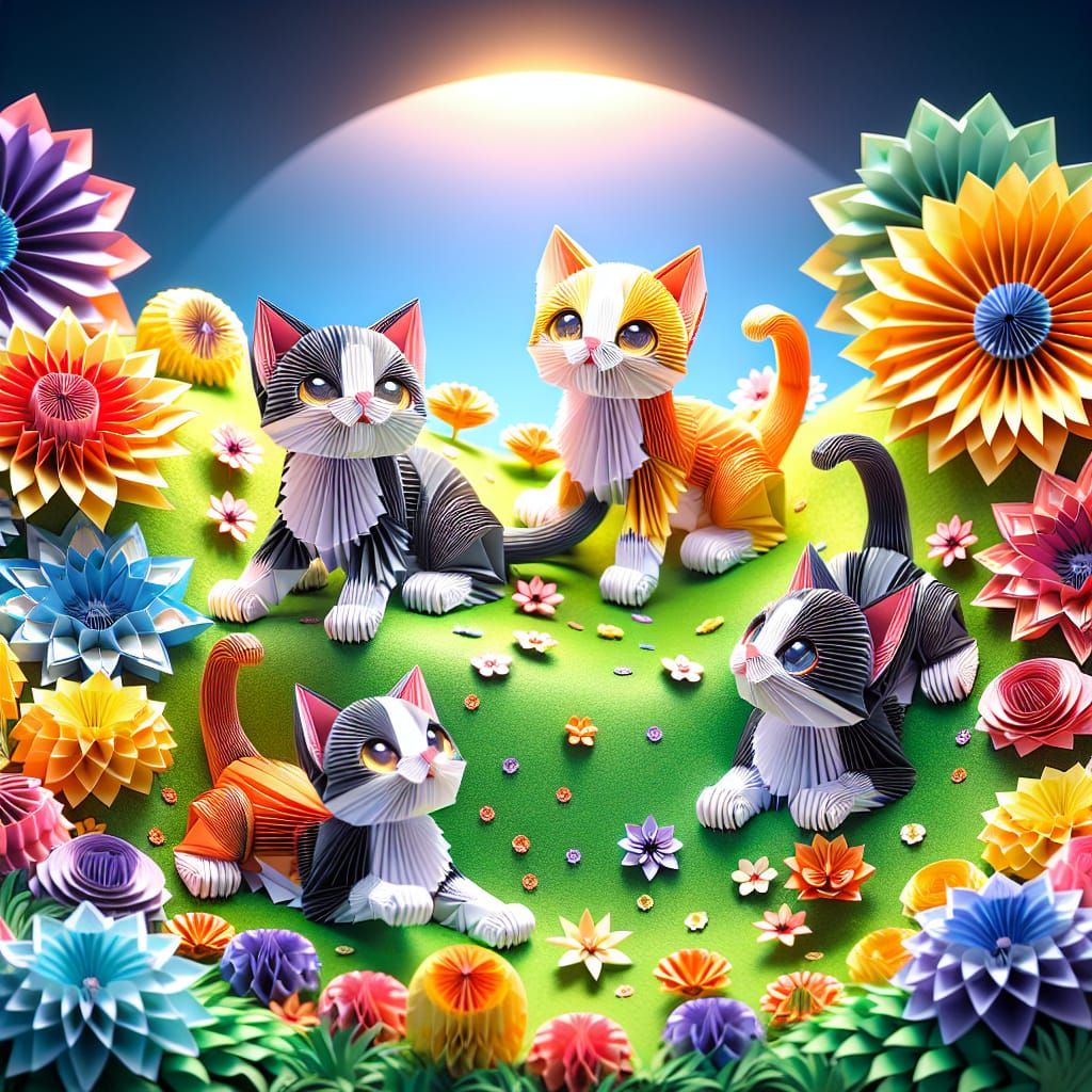 Kirigami Art: Calico Kittens Playing in Grassy Field