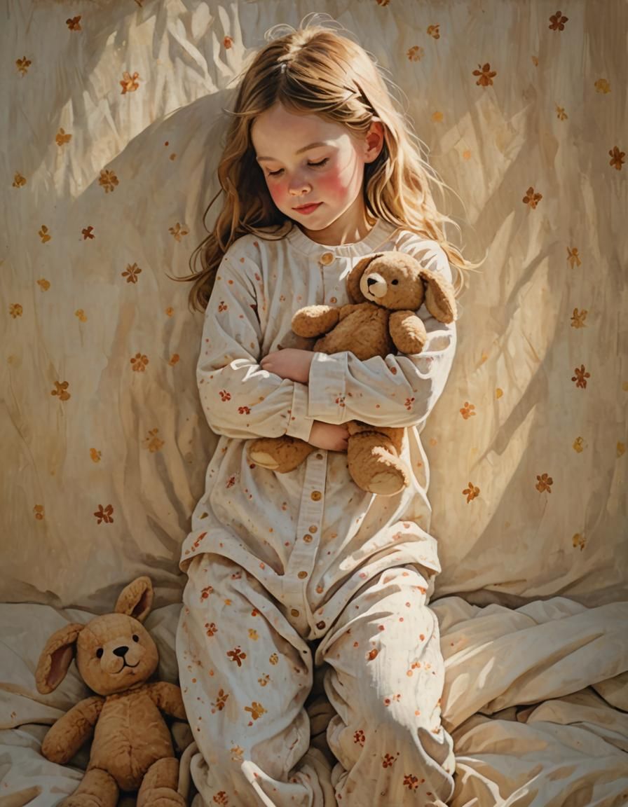 Girl with Teddy Bear Waving Goodnight, Impressionistic Style