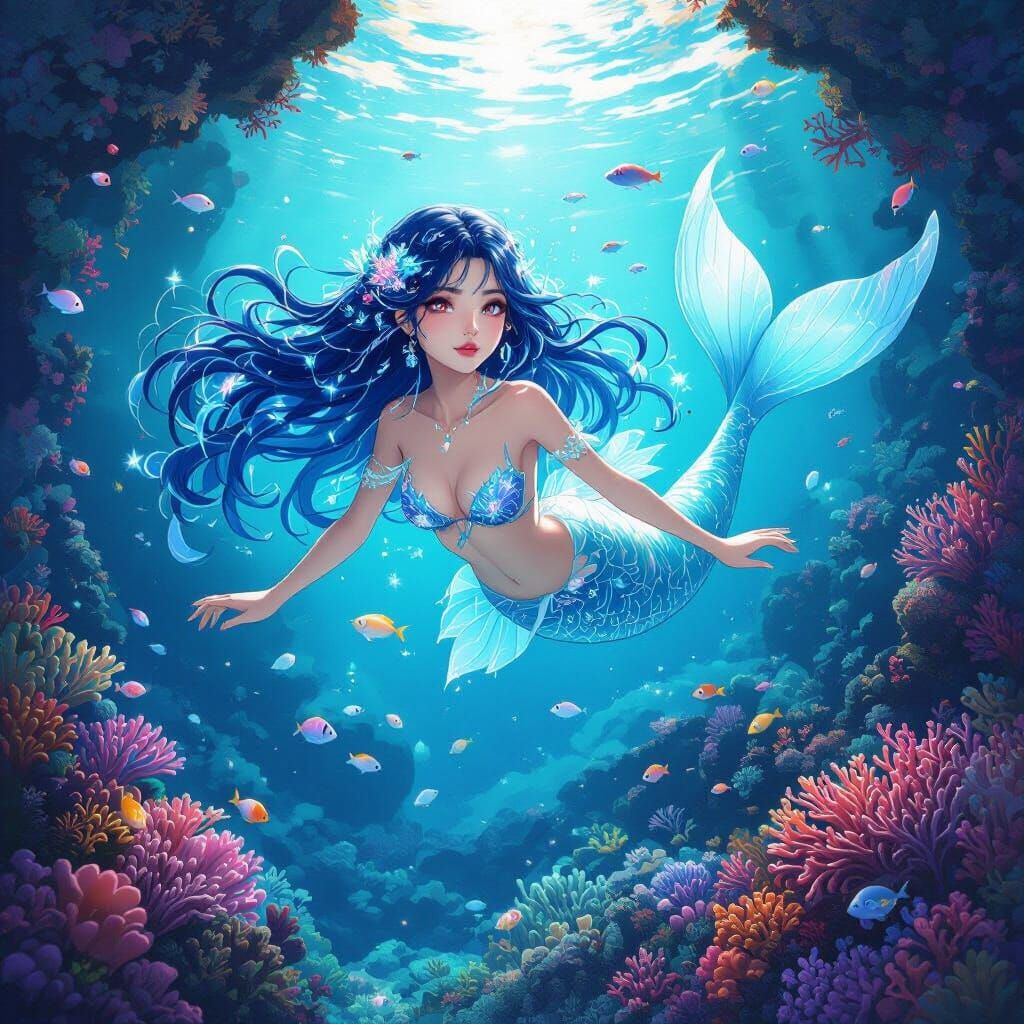 Bioluminescent Mermaid in Underwater Grotto, in Pop Art Styl...