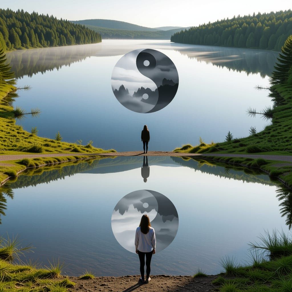 Hyper-Realistic Lake Reflection: A Yin and Yang Scene