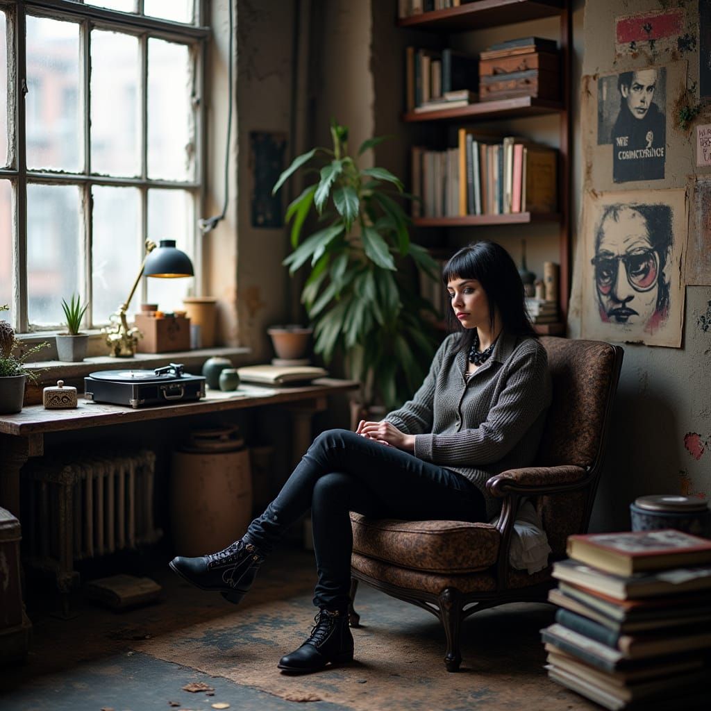 Stylish Goth-Punk Woman in Artistic Loft