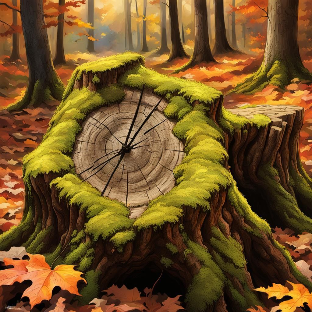 Ozark Autumn: Hyperrealistic Mossy Oak Stump Art