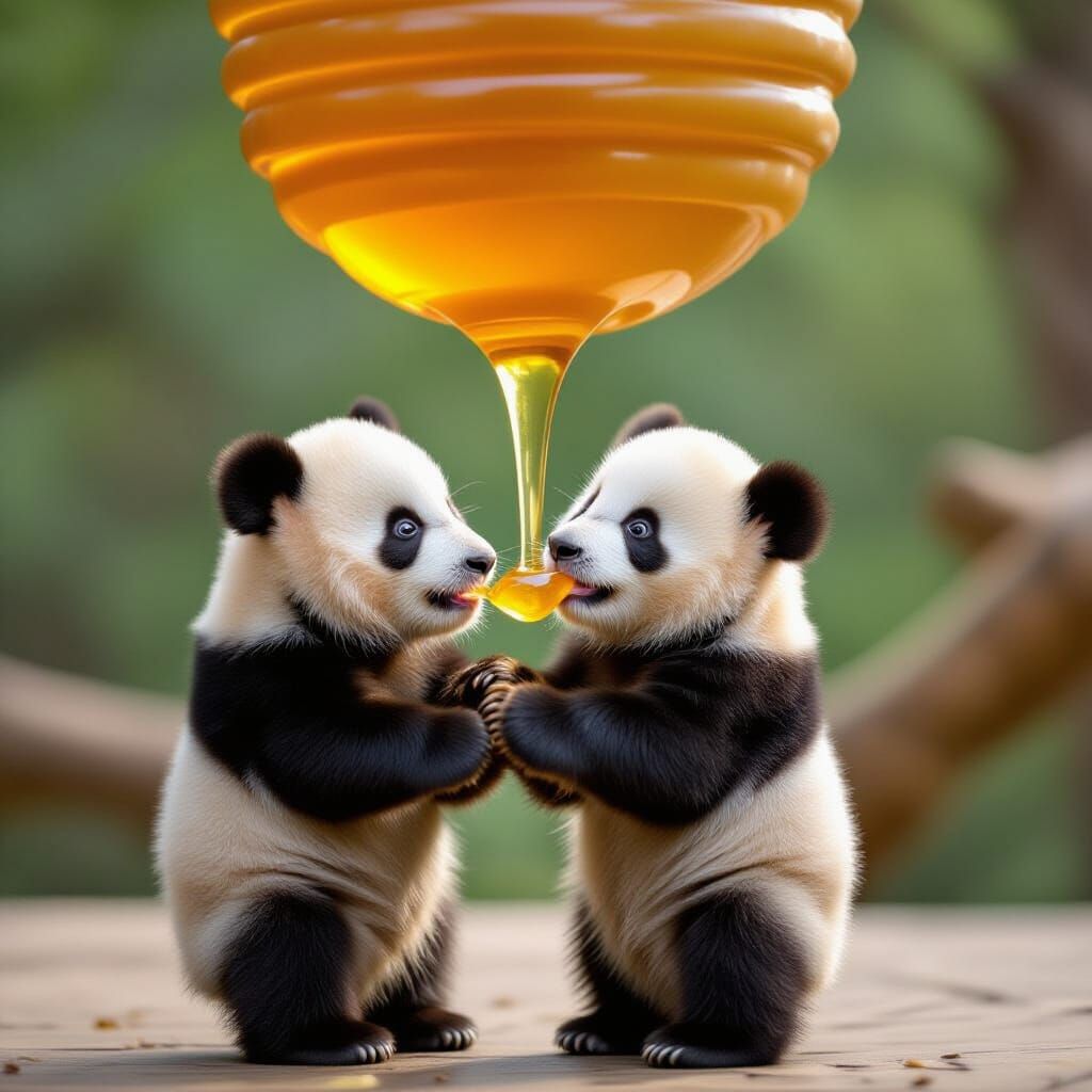 Cute Panda Bear Enjoys Honey From Giant Cup