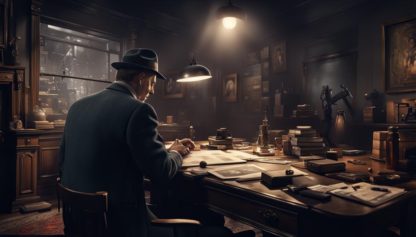 Hyperrealistic Detective Solving Mystery in Noir Style