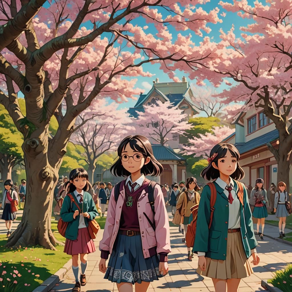 Enchanting Schoolyard Scene in Miyazaki Style