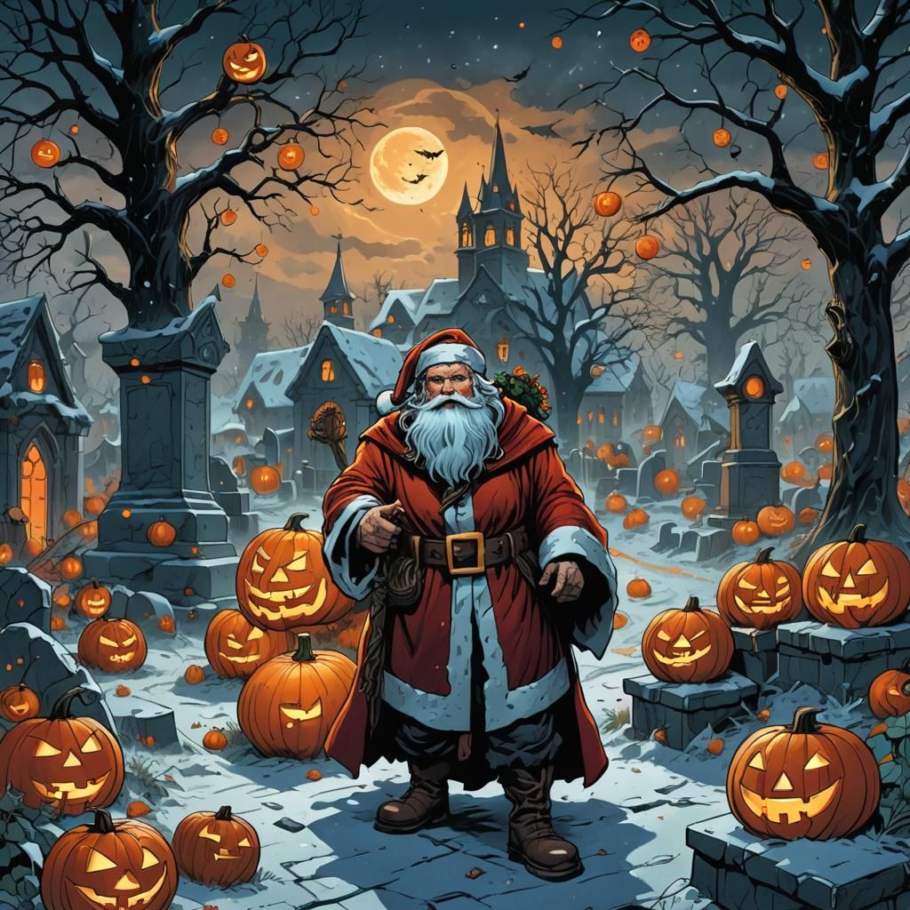 Santa and Witch in Graveyard: Comic Book Art