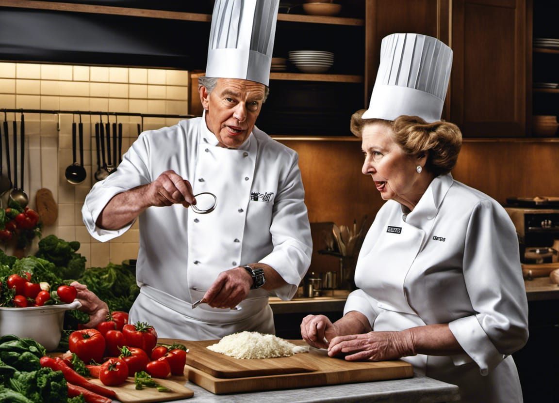 Hyperrealistic Photo of Blair and Thatcher as Chefs