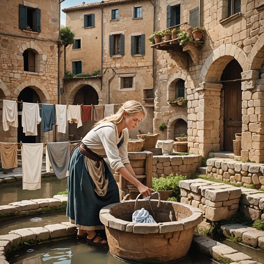 Roman Laundry Scene: Young Woman at Water Well