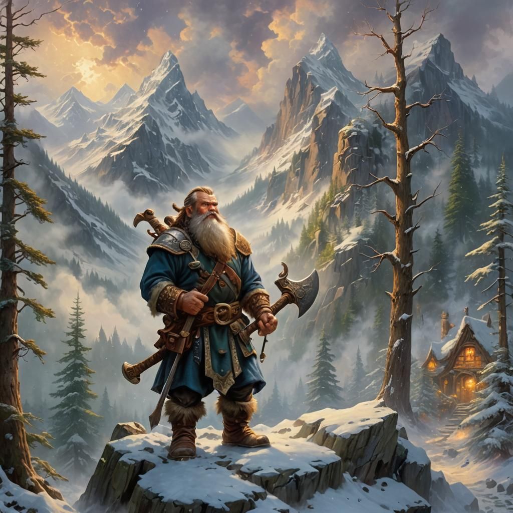 Dwarf Barbarian in Snowy Mountain Forest