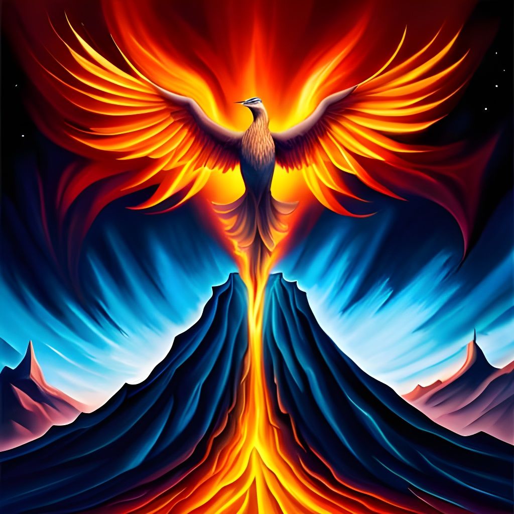 Phoenix Rising from Volcano: Fantasy Art
