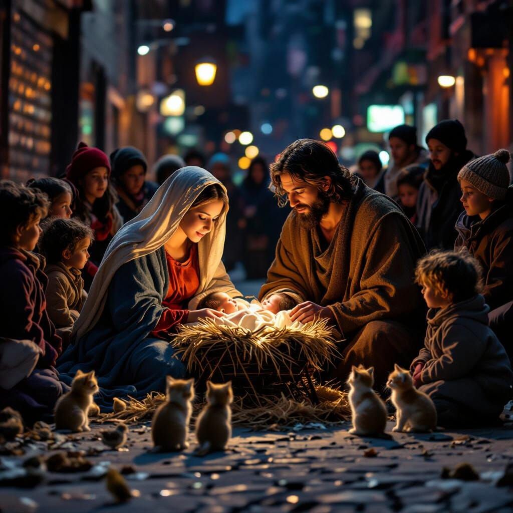 Nativity Scene on NYC Street with Diverse Children, Kittens,...