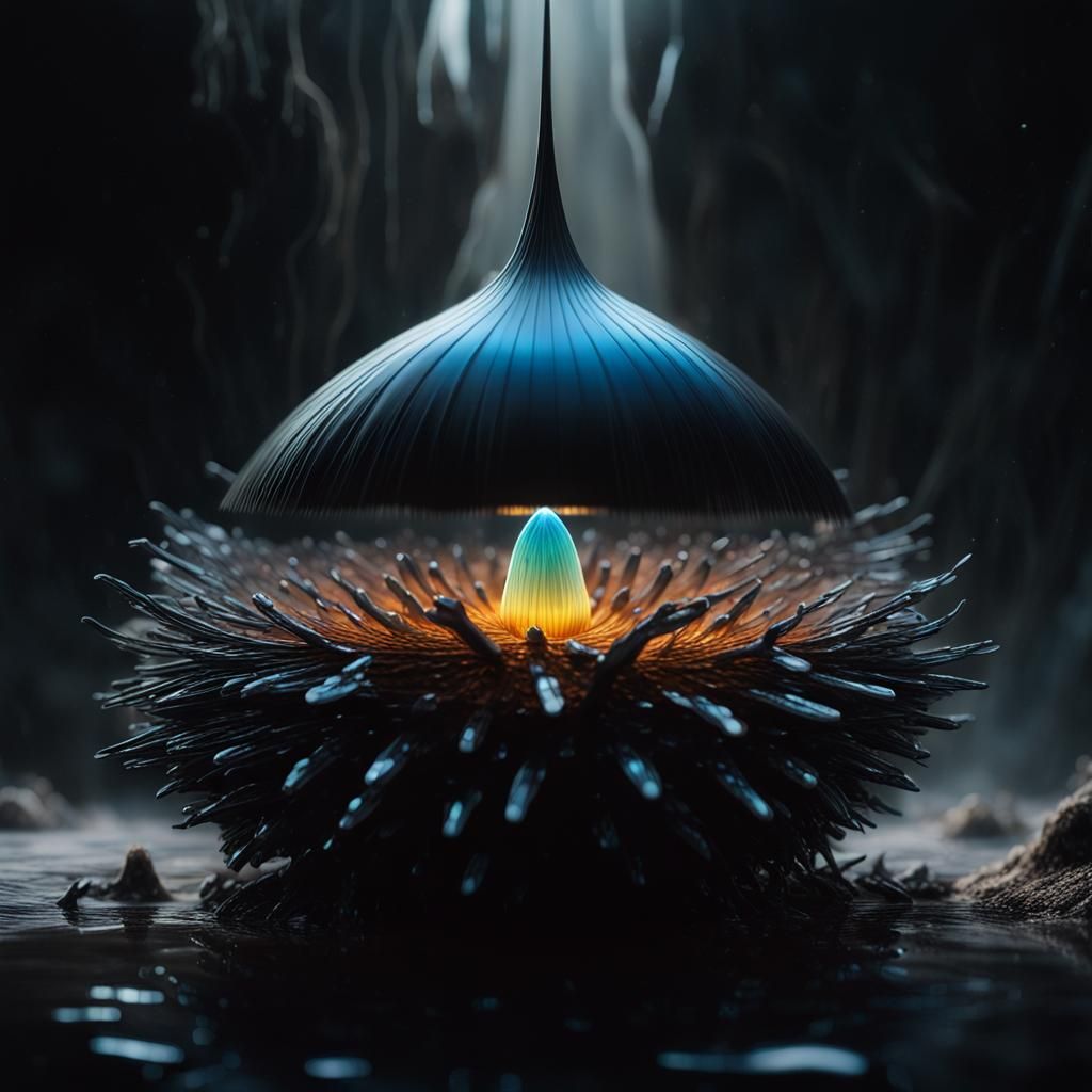 Iridescent Ferrofluid Cocoon in Dark, Misty Atmosphere