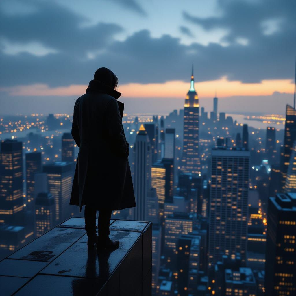 Lone Figure Gazing Over City at Night