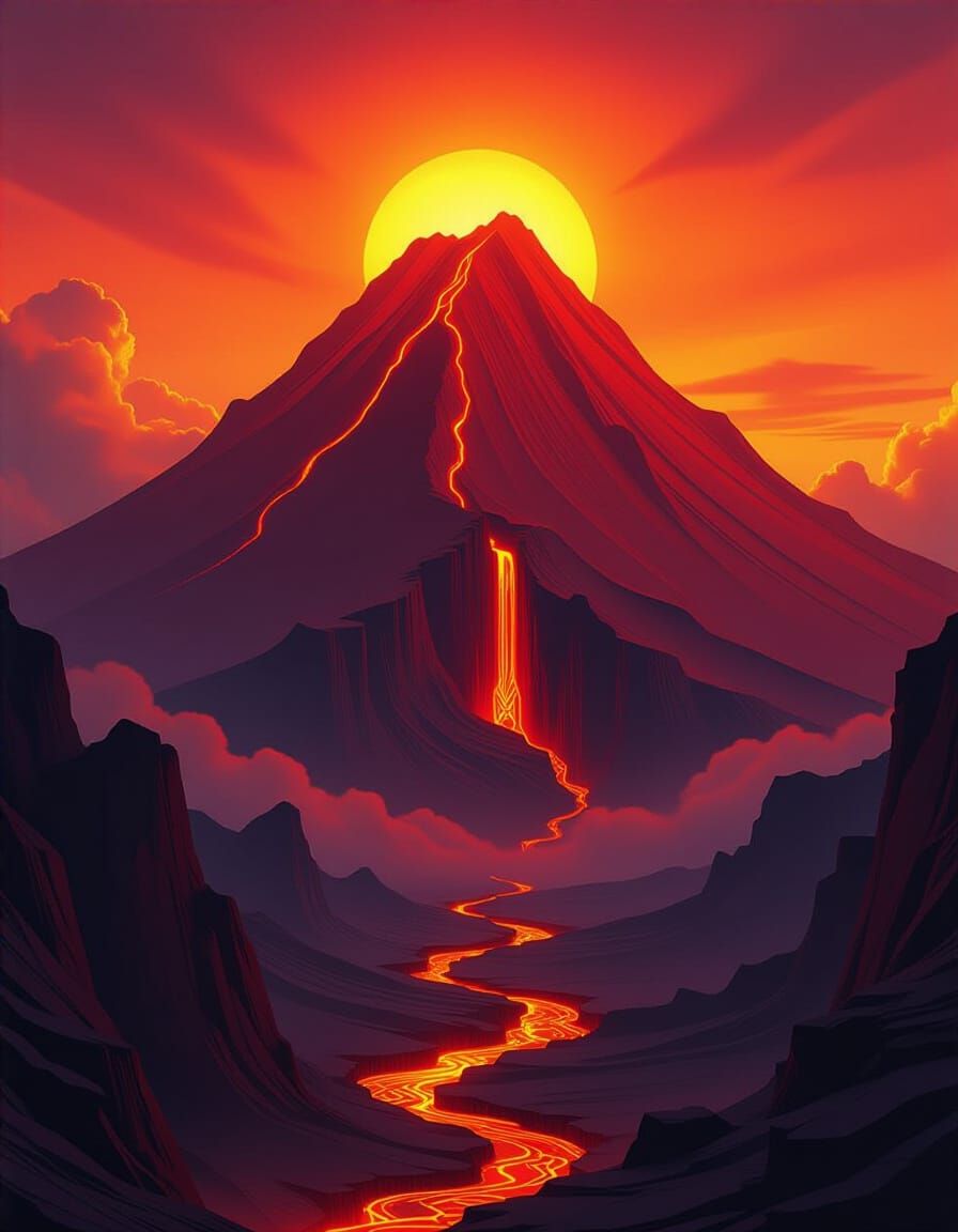 Red Mountain with Lava Streams and Arabic Artistry