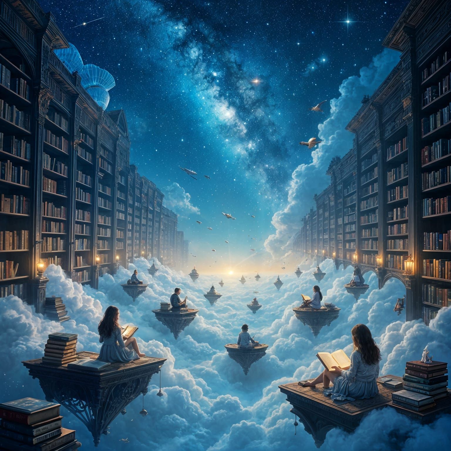 Ethereal Floating Library with Starry Sky