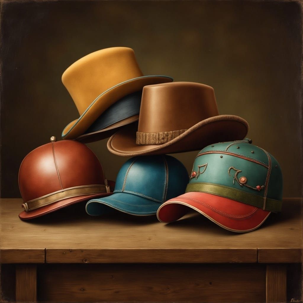 Vibrant Still Life of Hats in Chiaroscuro Style