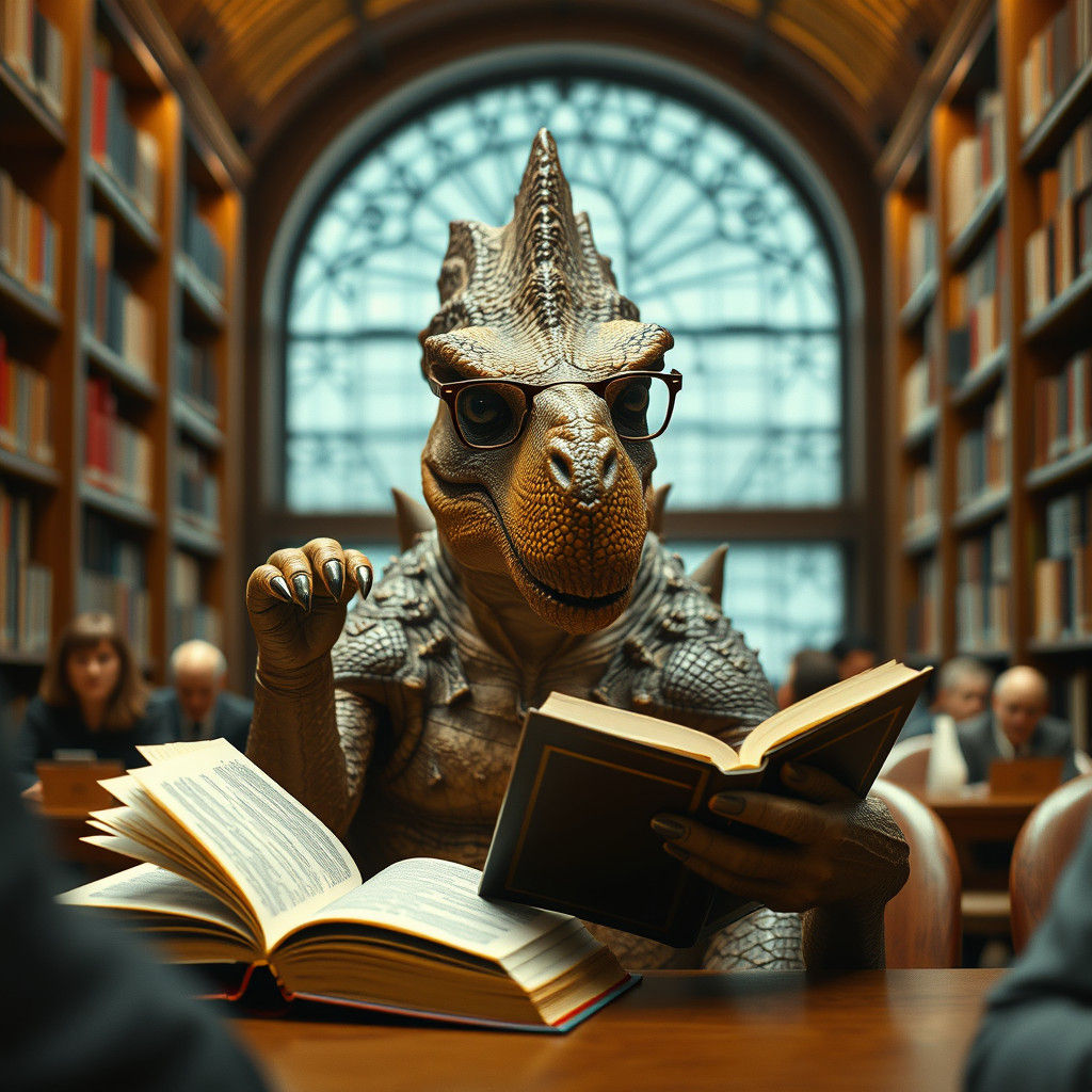 Stegosaurus Reads Bible in Library, Cinematic Film Still