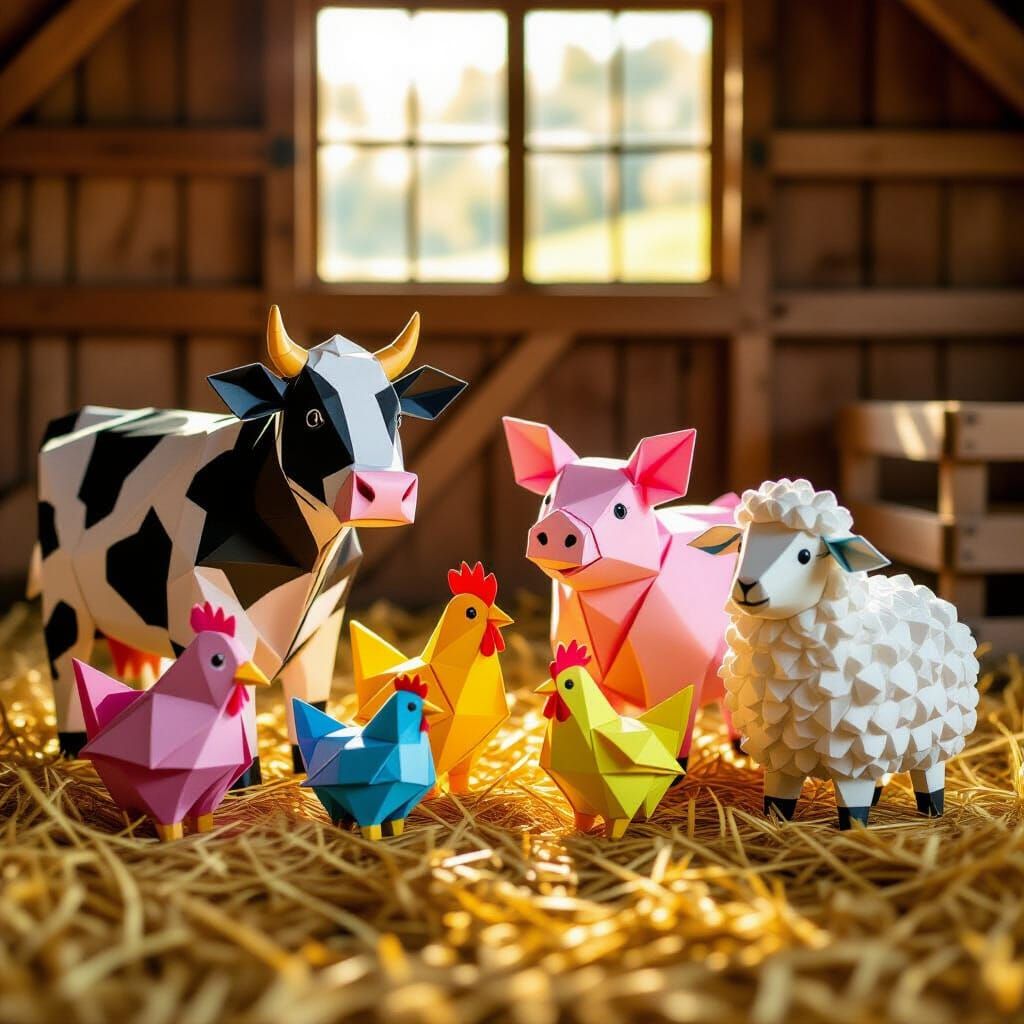 Origami Farm Animals in Rustic Barn