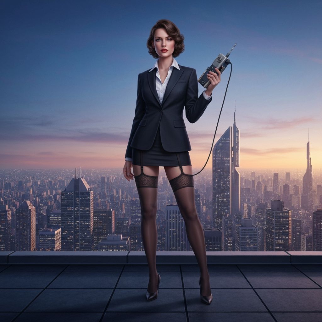 Woman in Suit on Rooftop Overlooking Futuristic Cityscape