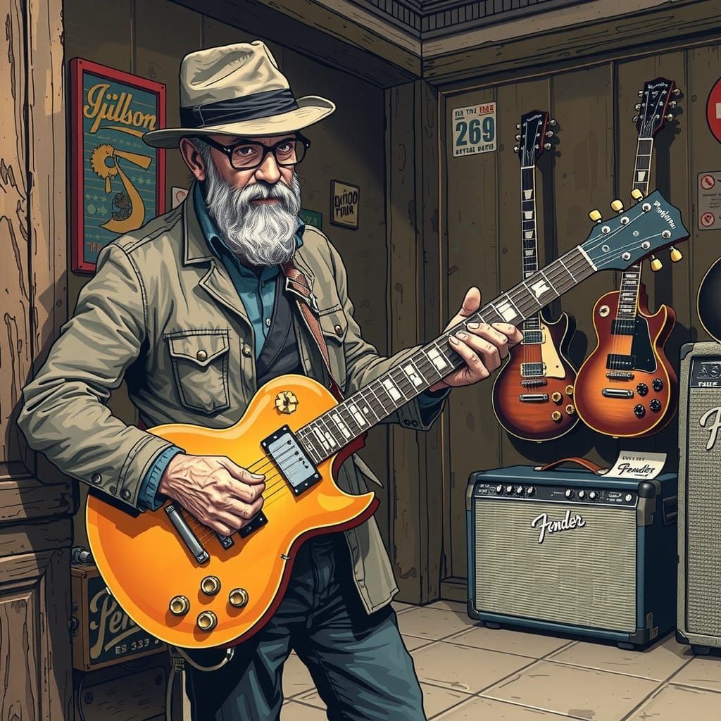 Manga-Style Guitar Store Scene with Vintage Gibson Electric