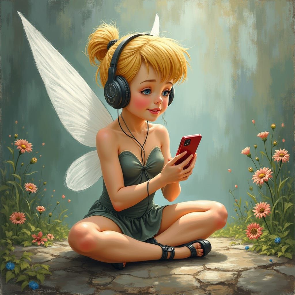 Modern Teen Tinkerbell in Pin-Up Impasto Style