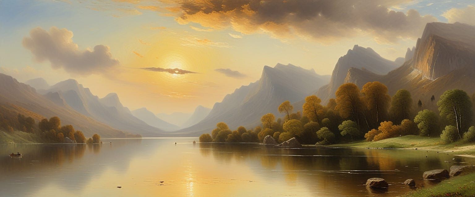 Classical Oil Painting of Serene Lake Landscape with Peninsu...