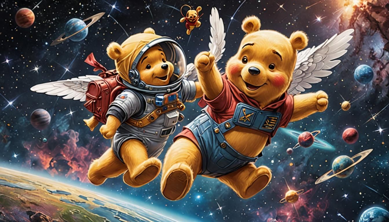 Astronaut Winnie the Pooh Gliding in Space