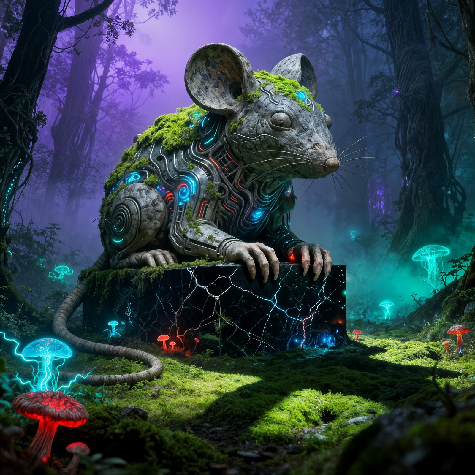 Ancient Stone Mouse Statue in Misty Forest