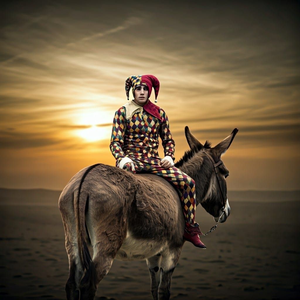 Jester Rides a Donkey Under Golden Sunset