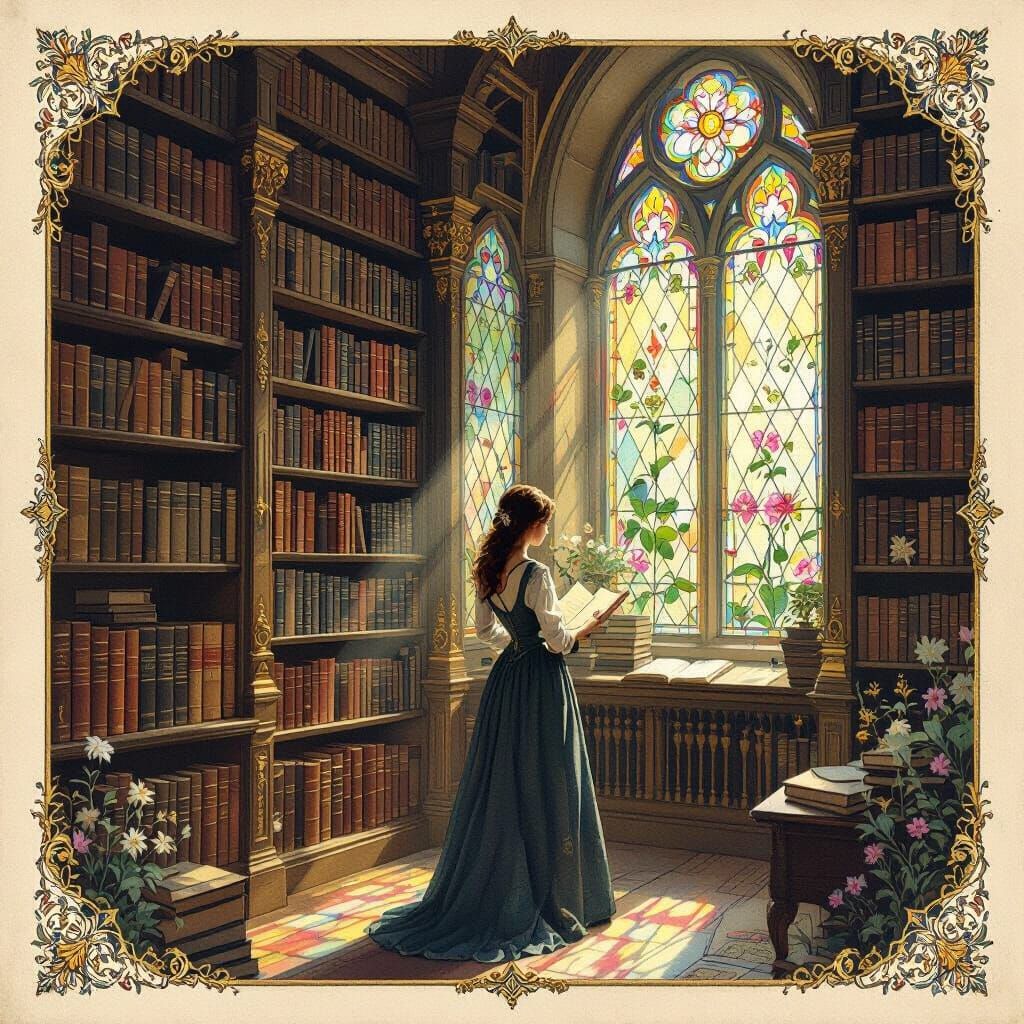 Grand Library with Stained Glass, Watercolor Illustration