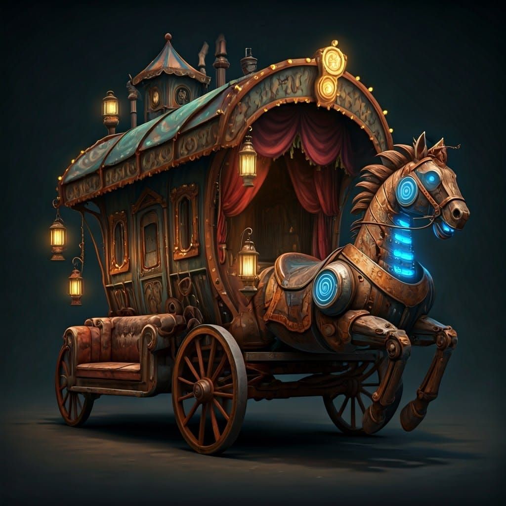 Steampunk Gypsy Carriage House Wagon with Robotic Carousel H...