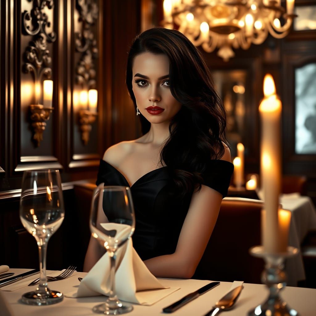 Sultry Woman in Dimly Lit Restaurant, Black Evening Gown, El...