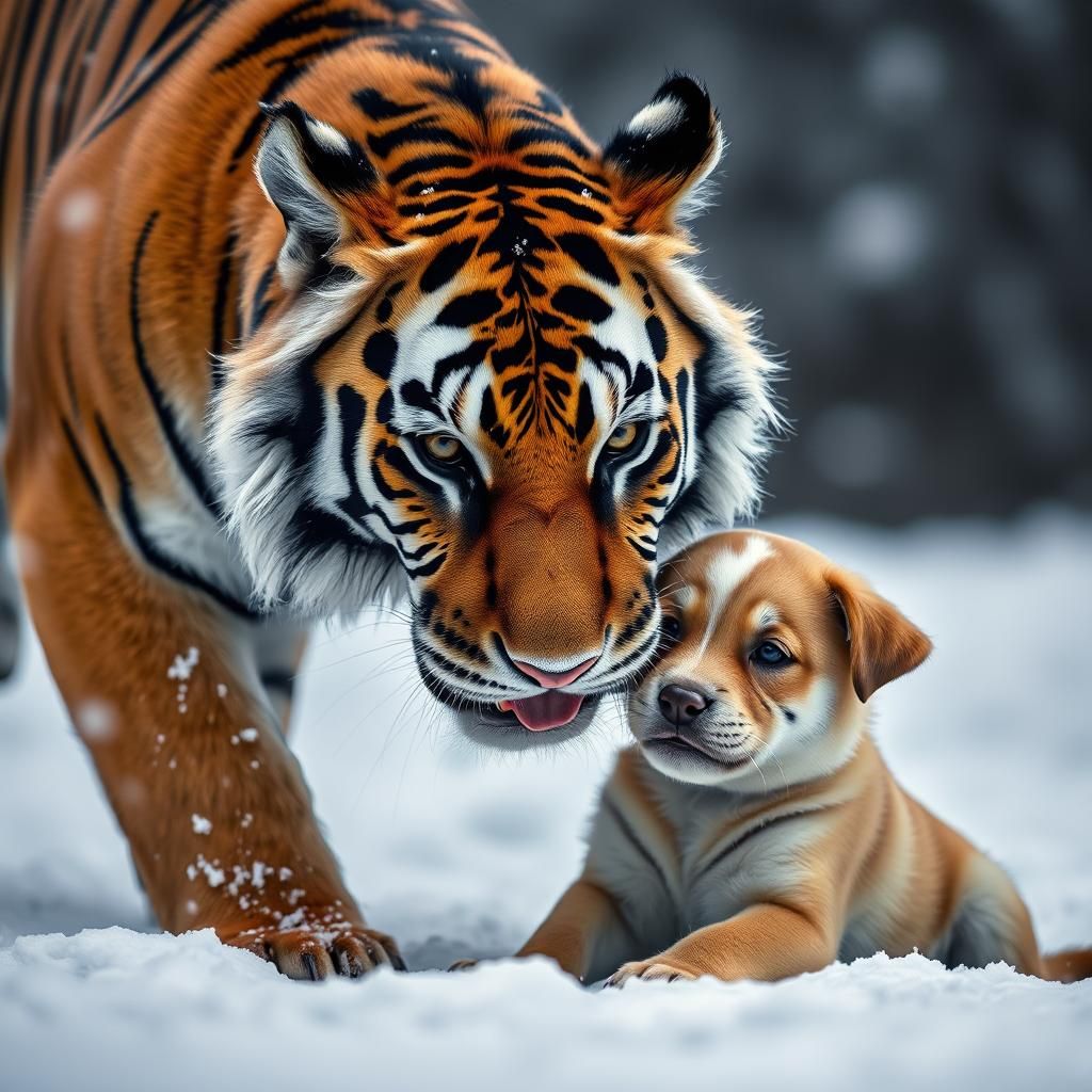Tiger and Puppy Play in Snow, Professional Portrait