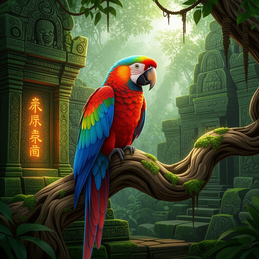 Vibrant Exotic Parrot in Ancient Jungle Temple