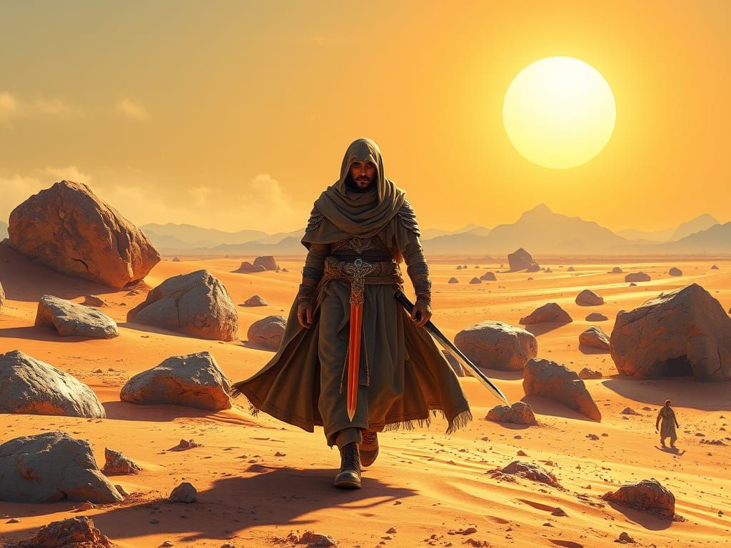 Desert Warrior Ready for Battle Amidst Dunes