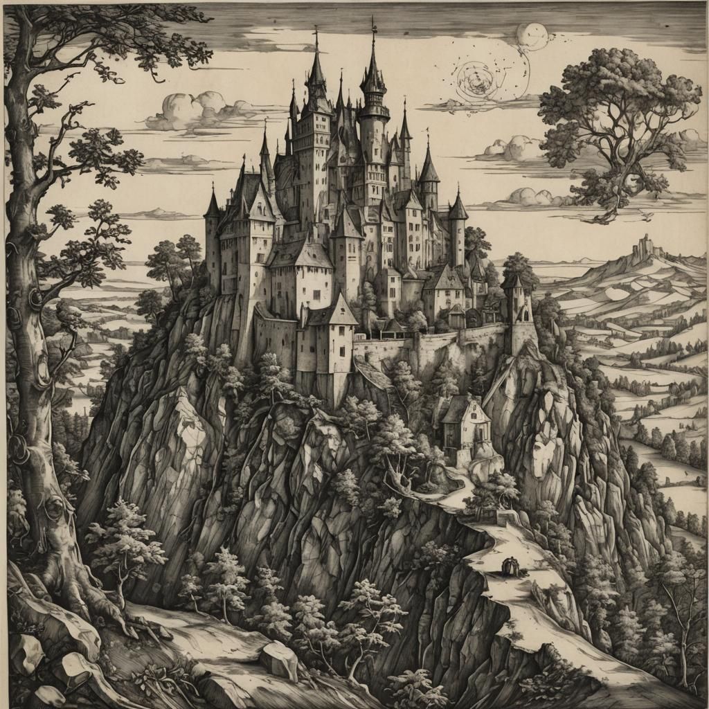 Detailed Engraving of Fantasy Castle in Durer Style