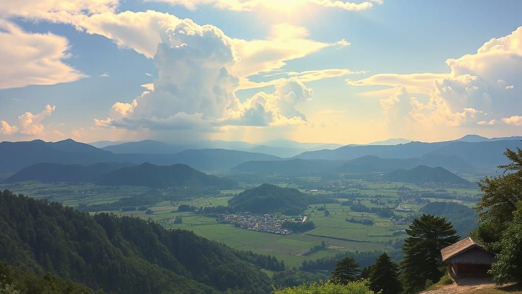 Ancient Japanese Landscape Panorama from Mountain Peak