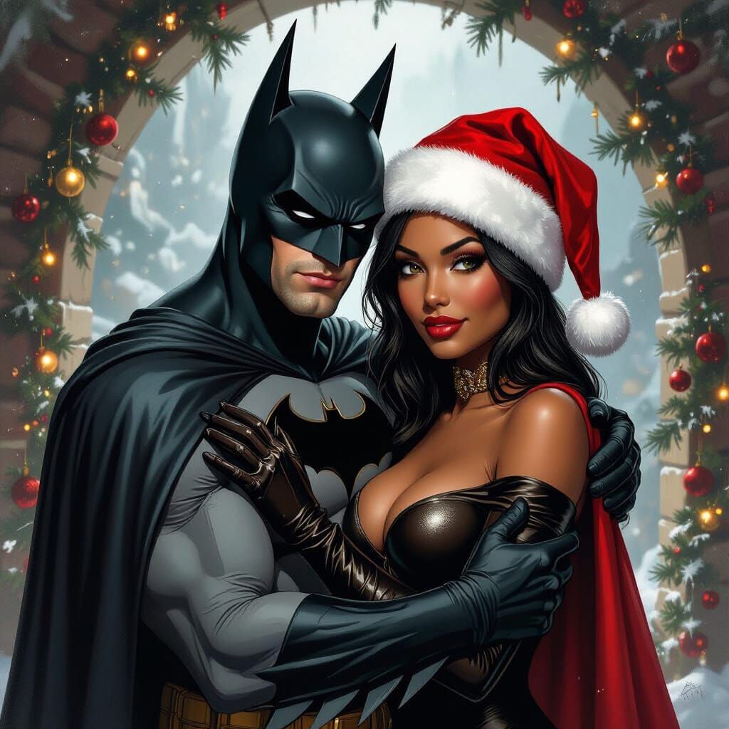 Romantic Batman and Catwoman Holiday Scene in Bat Cave