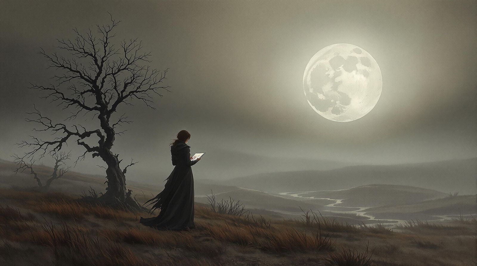 Misty Moonrise Over Desolate Moor in Digital Matte Painting