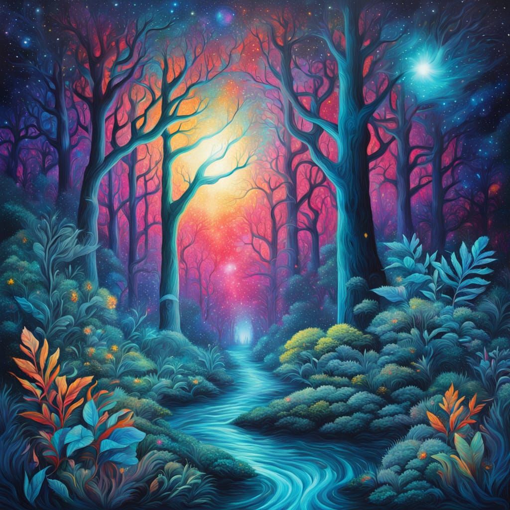 Surreal Turquoise Forest at Night in Acrylic Style