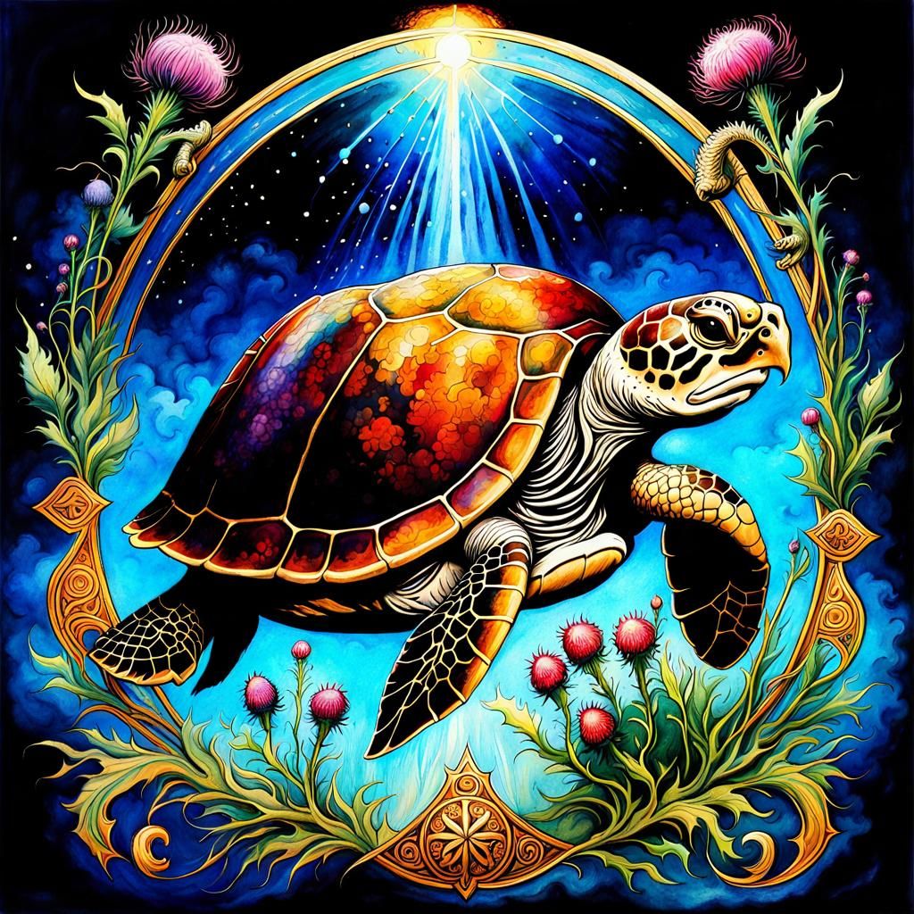 Magical Turtle with Eternity Symbols in Watercolor