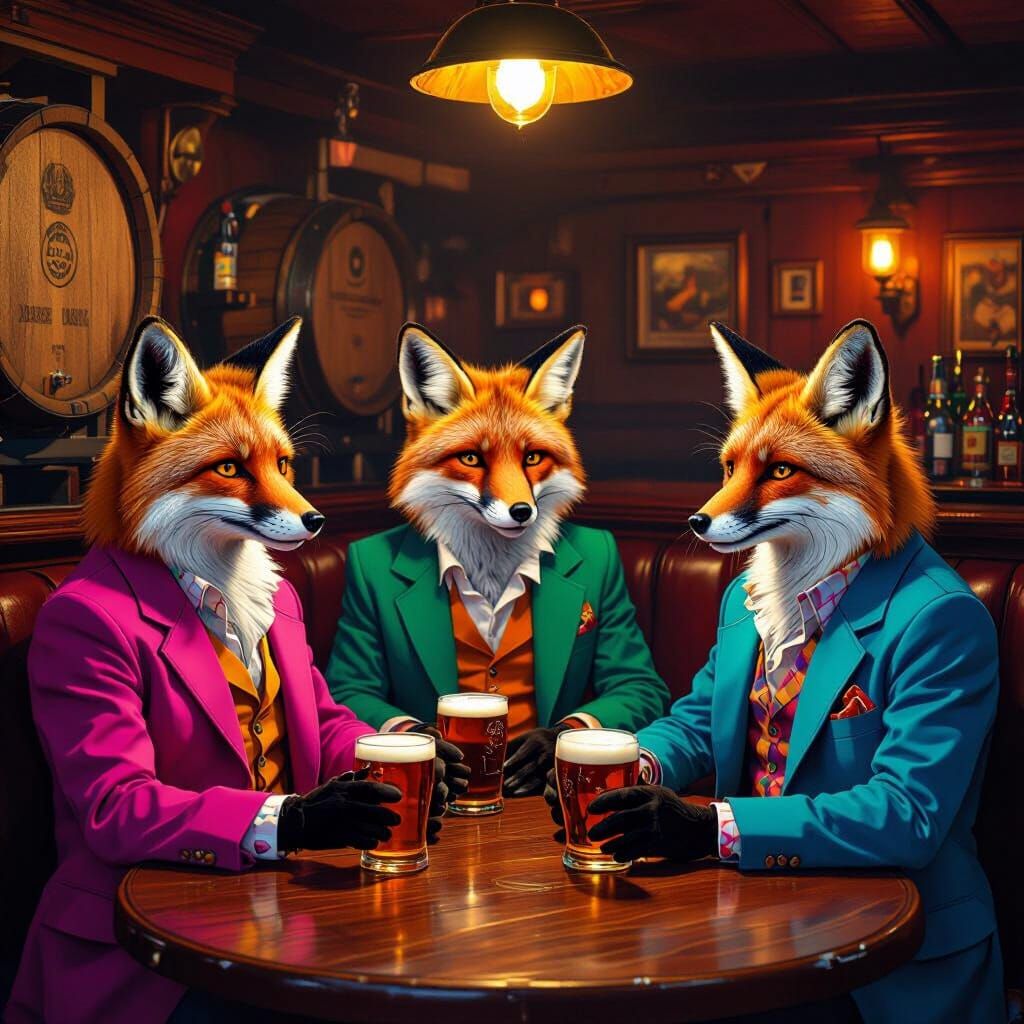Foxes at 80s Party in British Pub, Digital Art