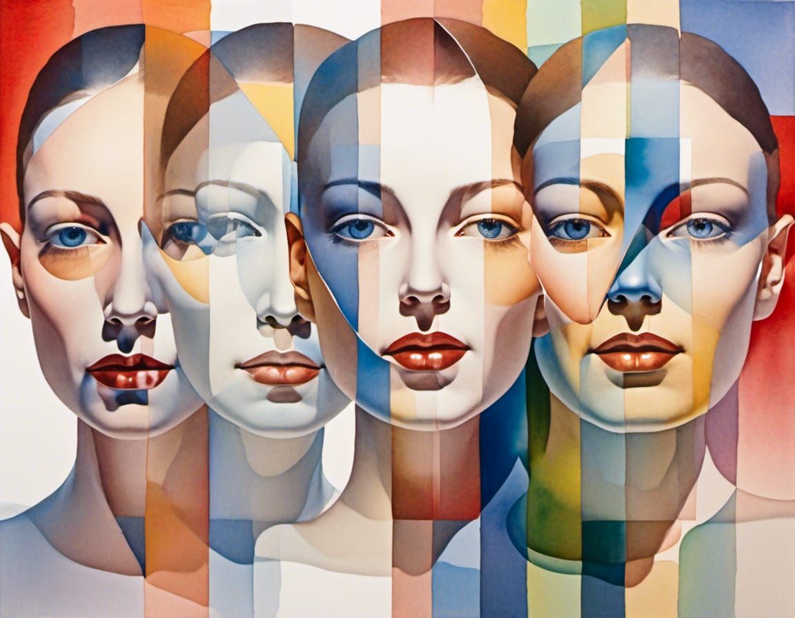 Surreal Cubist Faces in Watercolor Painting