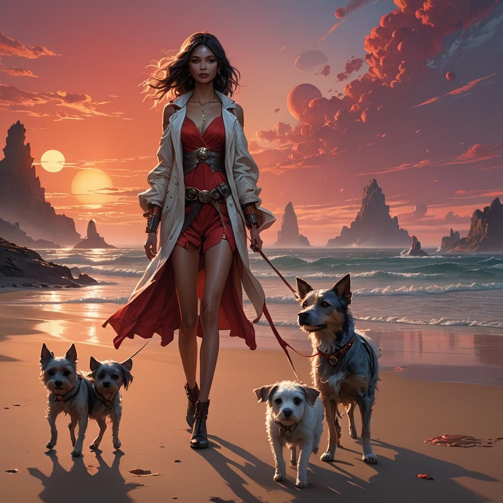 Girl and Dog on Alien Beach at Sunset